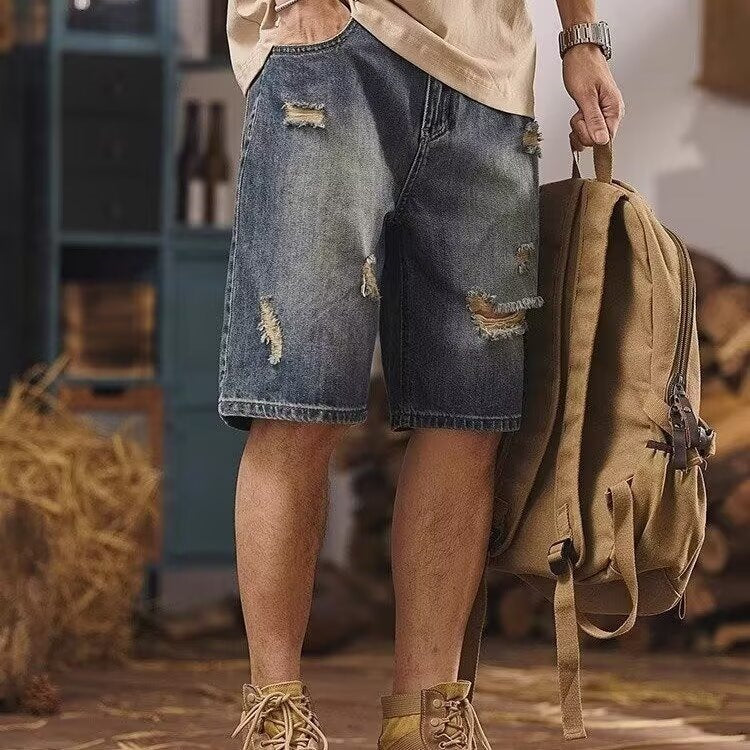American Vintage Yellow Mud Washed Ripped Denim Shorts Men Loose Straight Five-Point Summer