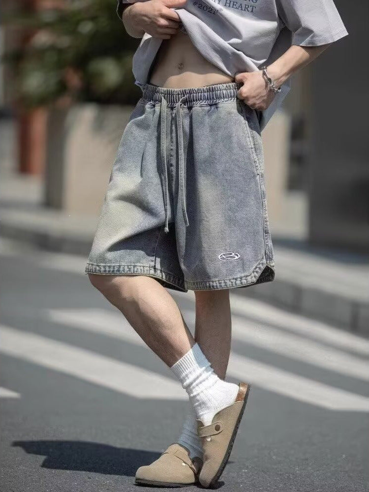 American Retro Hip-Hop Denim Shorts Men Loose Wide-Leg Straight Five-Point Summer