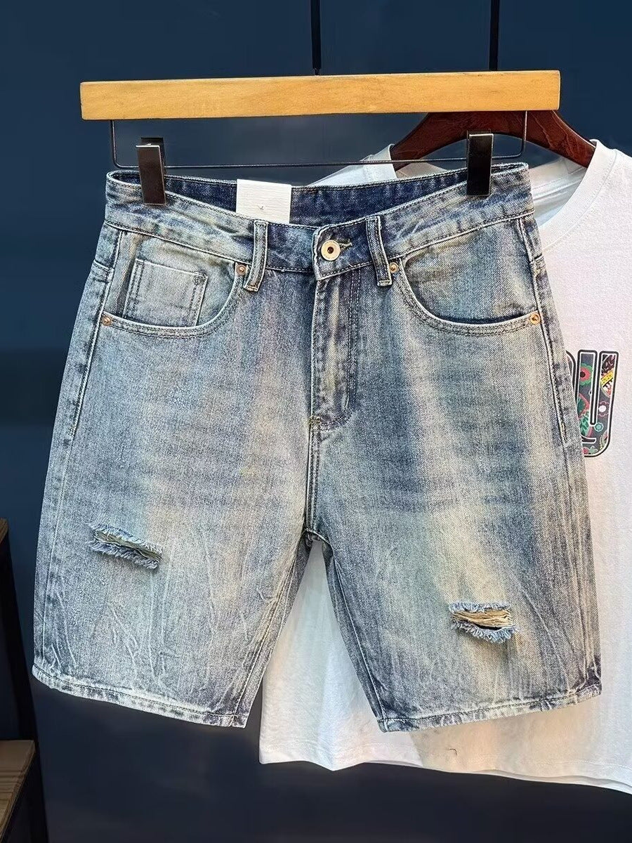 American High Street Ripped Denim Shorts Men Loose Straight Summer Shorts