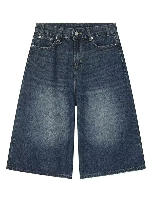 Korean Style Washed Vintage Denim Shorts Unisex Loose Straight Cropped Capri Summer