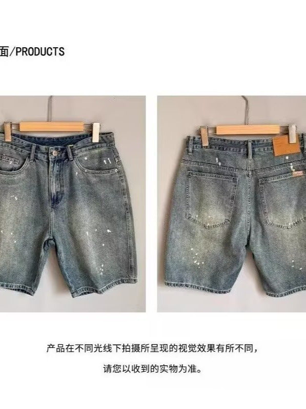 Retro Splatter Washed Denim Shorts Men Loose Fit American Style Five-Point Summer Pants