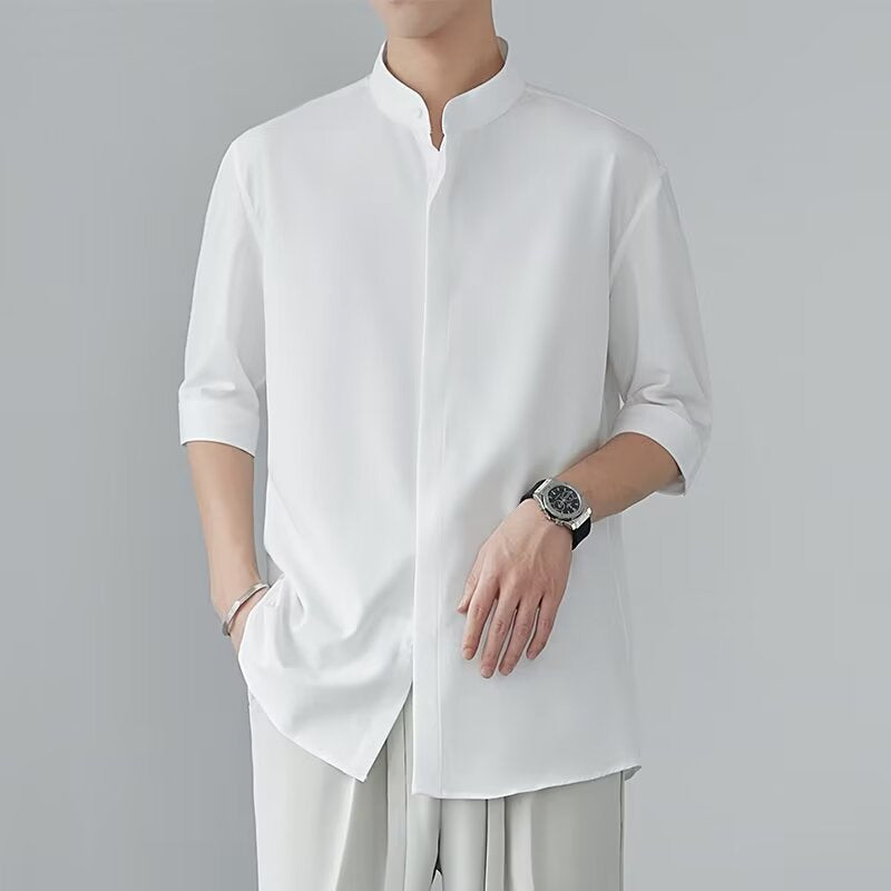 Men's Stand Collar Ice Silk Short Sleeve Shirt Summer Draped Casual Top
