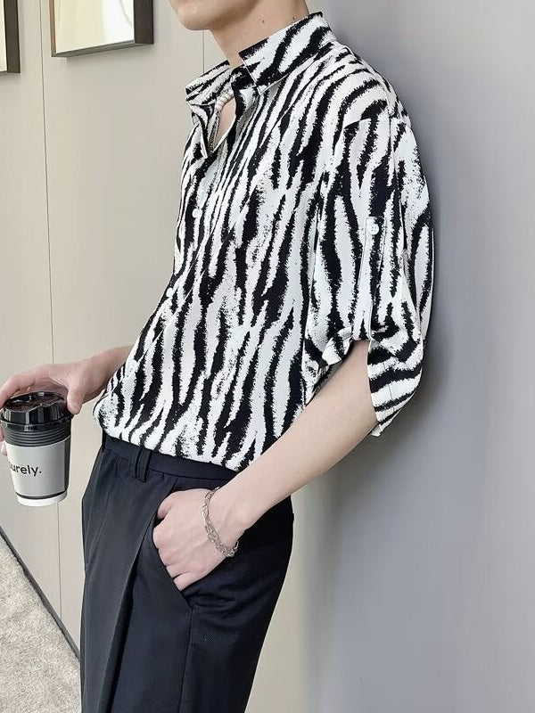Men's Zebra Print Ice Silk Short Sleeve Shirt Summer Lightweight Fashion Top