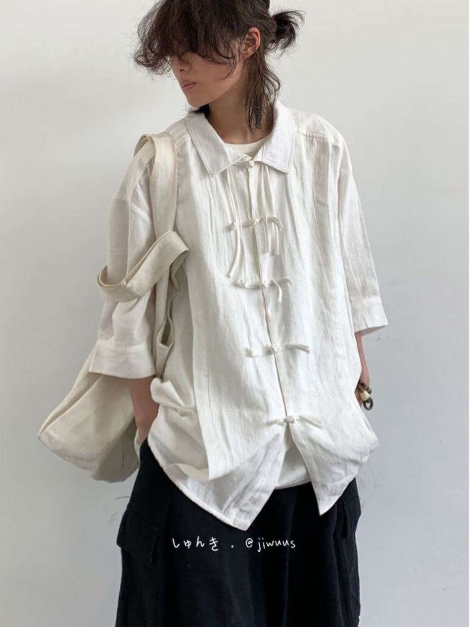 Men's Retro Stand Collar Buckle Short Sleeve Shirt Loose Summer Casual Top