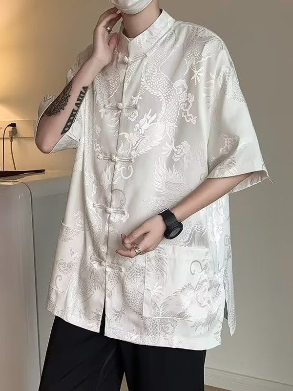 Men's White Draped Short Sleeve Shirt Dragon Pattern Casual Jacket Top