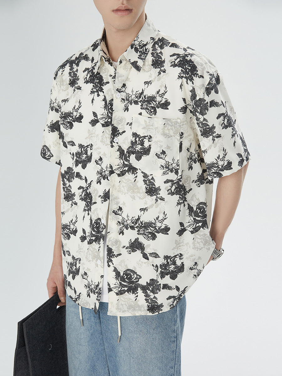 Men's Retro Rose Print Short Sleeve Shirt Loose Casual Floral Fashion Top