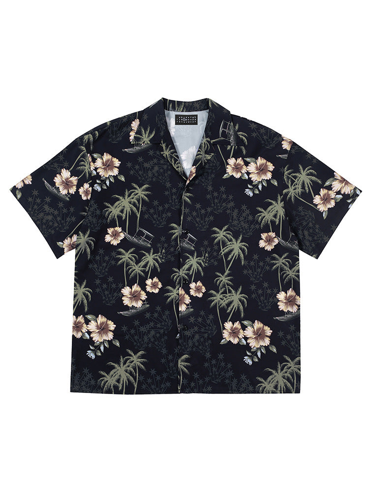 Coconut Tree Print Hawaiian Shirt Unisex Loose Beach Vacation Short Sleeve Top