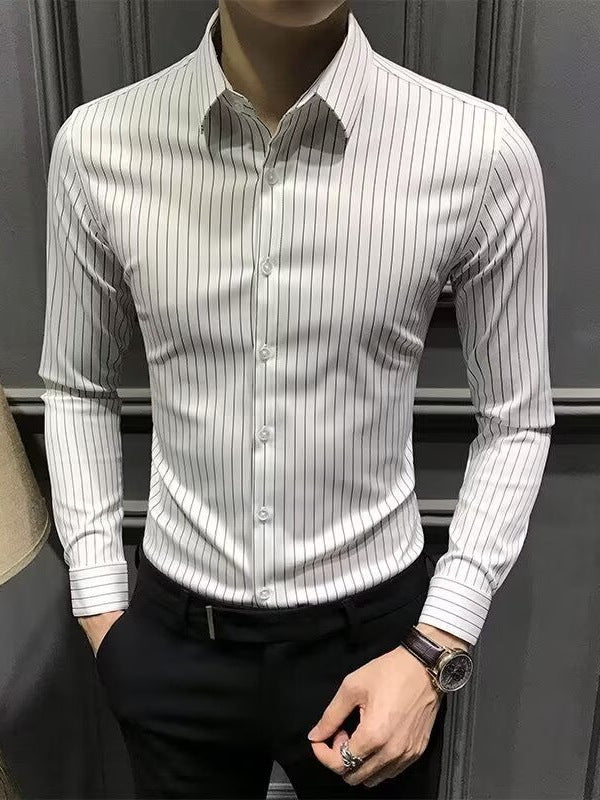 Men's Seamless Striped Long Sleeve Shirt Slim Fit No Iron Casual Business Top