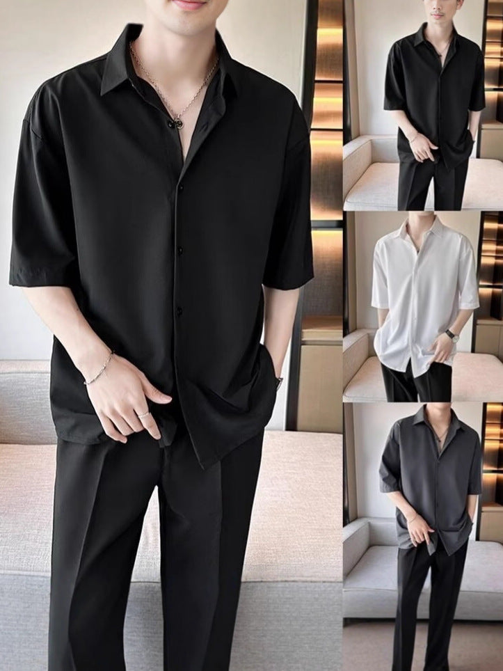 Ice Silk Short Sleeve Shirt Loose Fit Summer Casual Black Top