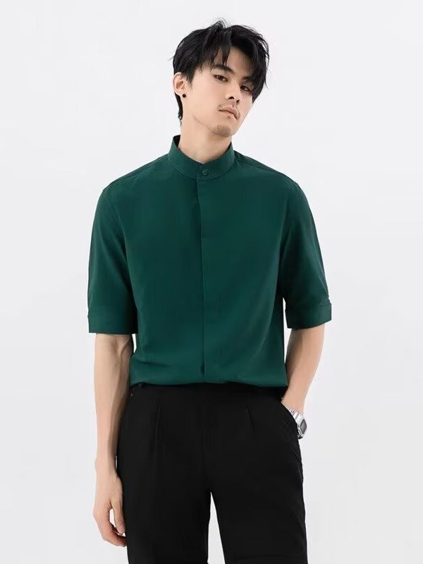 Men's Stand Collar Short Sleeve Shirt Oxford Style Summer Casual Top