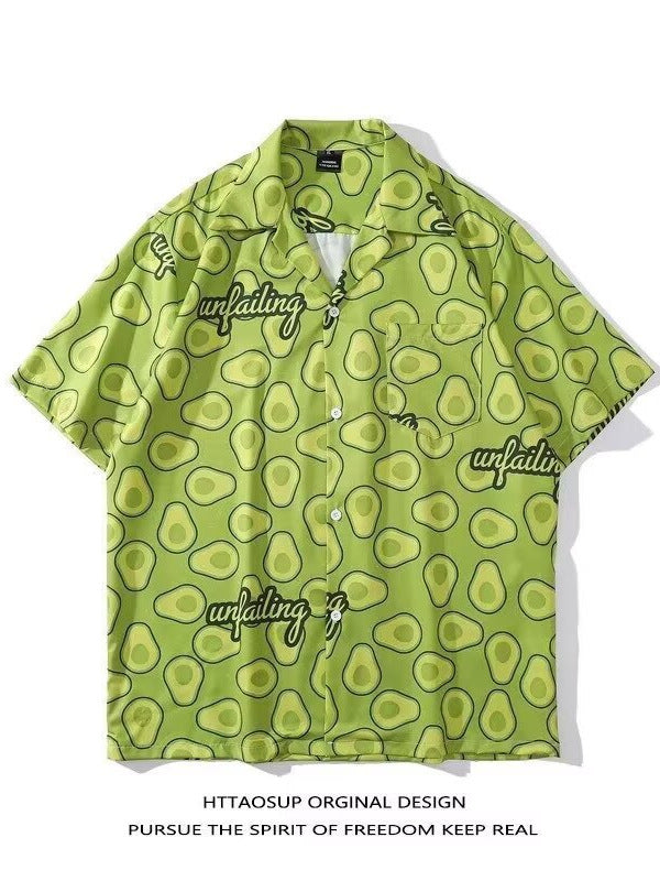 Men's Avocado Green Printed Hawaiian Shirt Loose Casual Short Sleeve Top