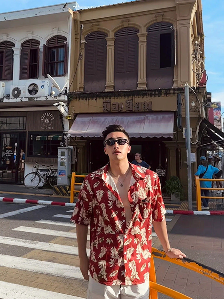 Men's Red Floral Ice Silk Short Sleeve Shirt Retro Vacation Casual Top