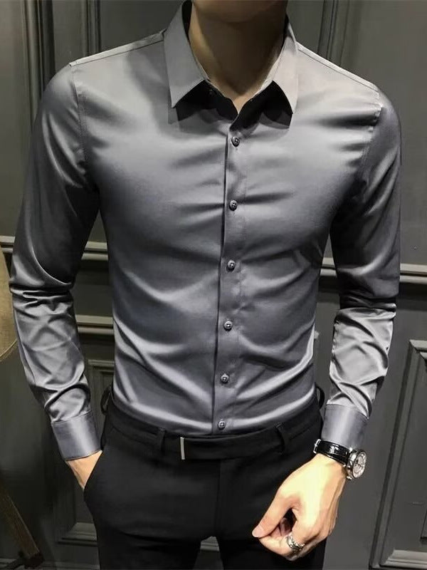 Men's Slim Fit Long Sleeve Shirt Korean Style Casual Business Top