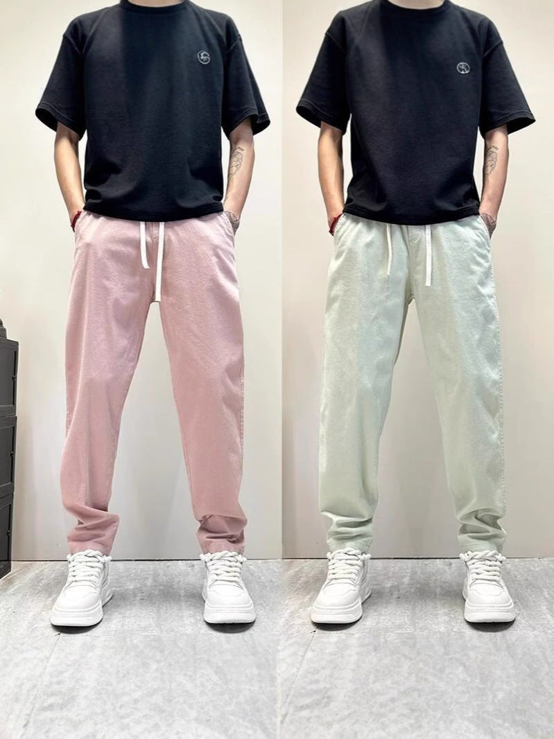 Men's Summer Thin Imitation Cotton-Linen Ice Silk Straight Trousers