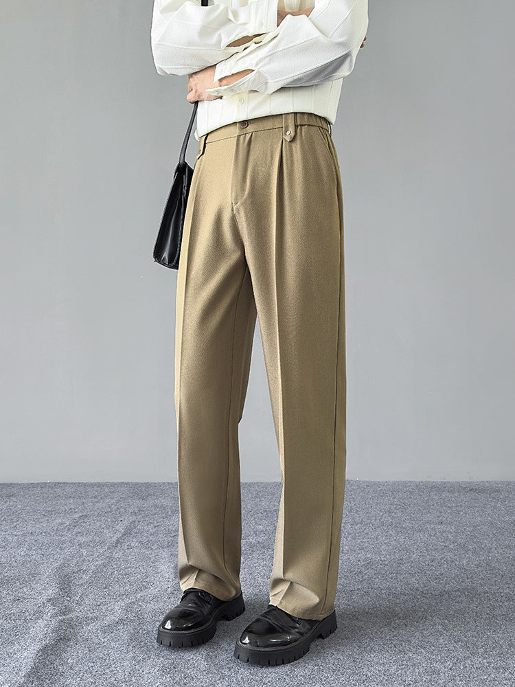 Men's Korean-Style Straight Wide-Leg Buckle Waistband Suit Pants
