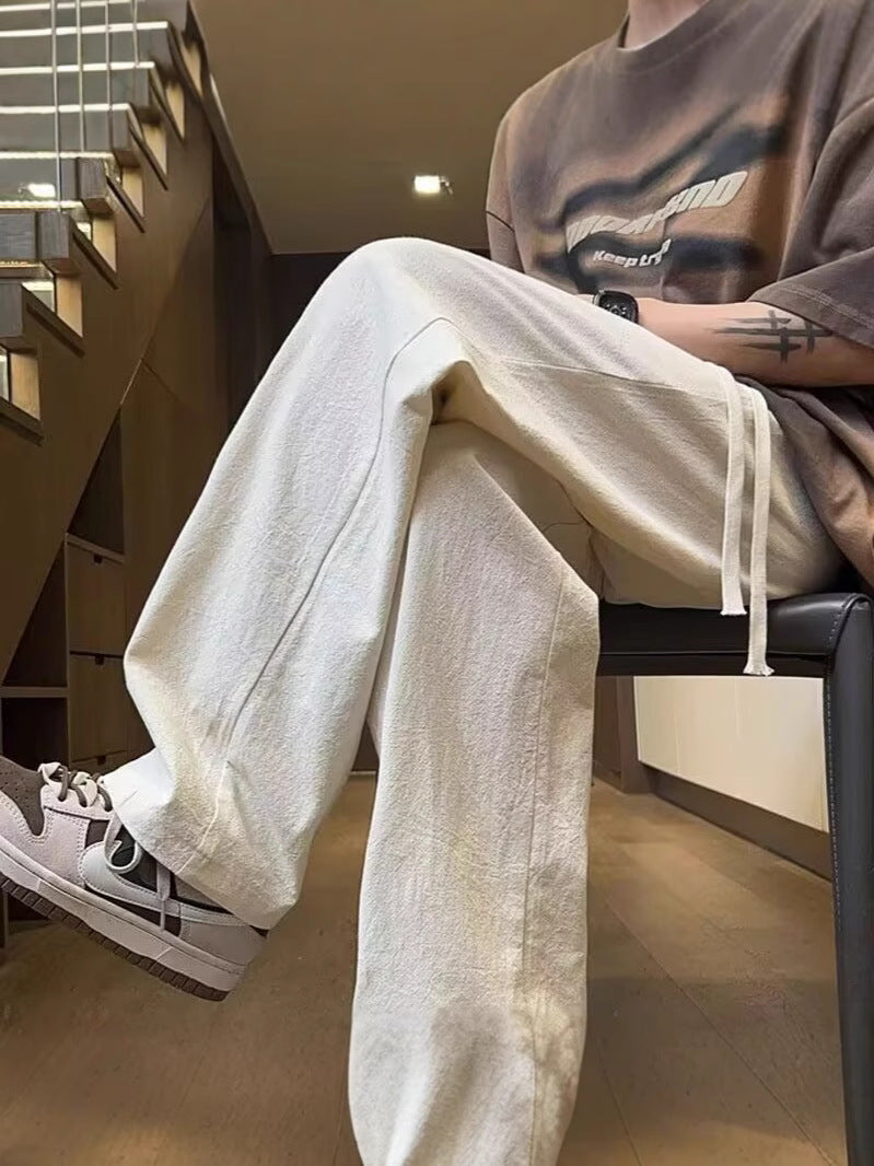 Men's Summer Ice Silk Off-White Straight Wide-Leg Casual Pants