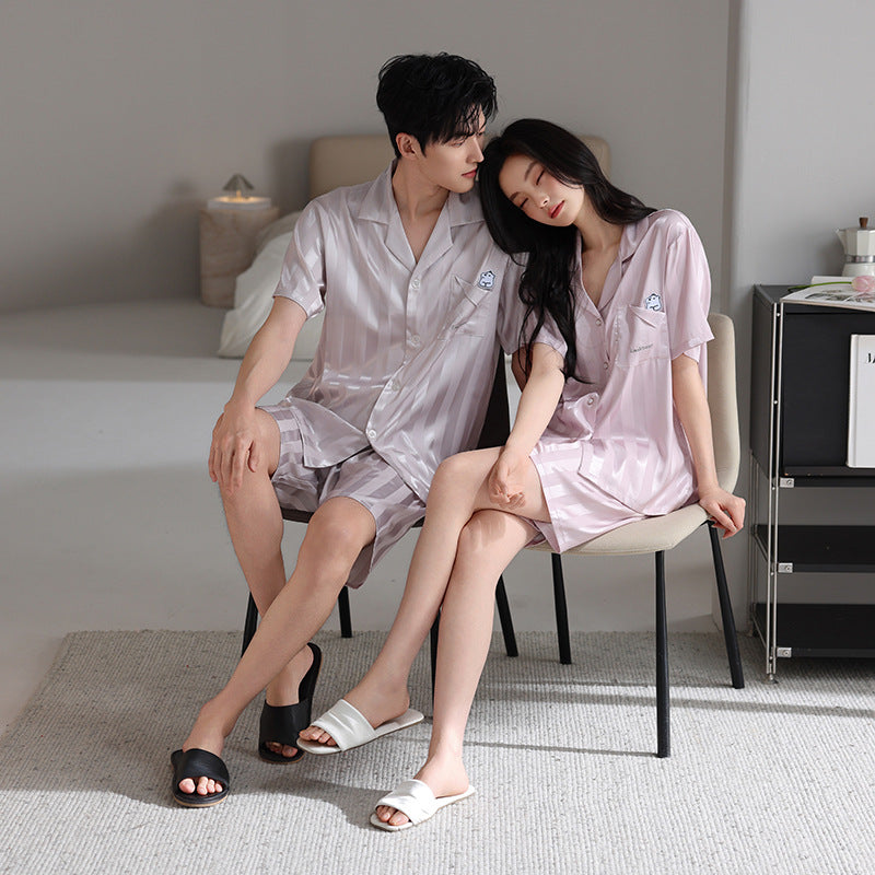 Premium Couple's Cartoon Striped Ice Silk Loungewear Set