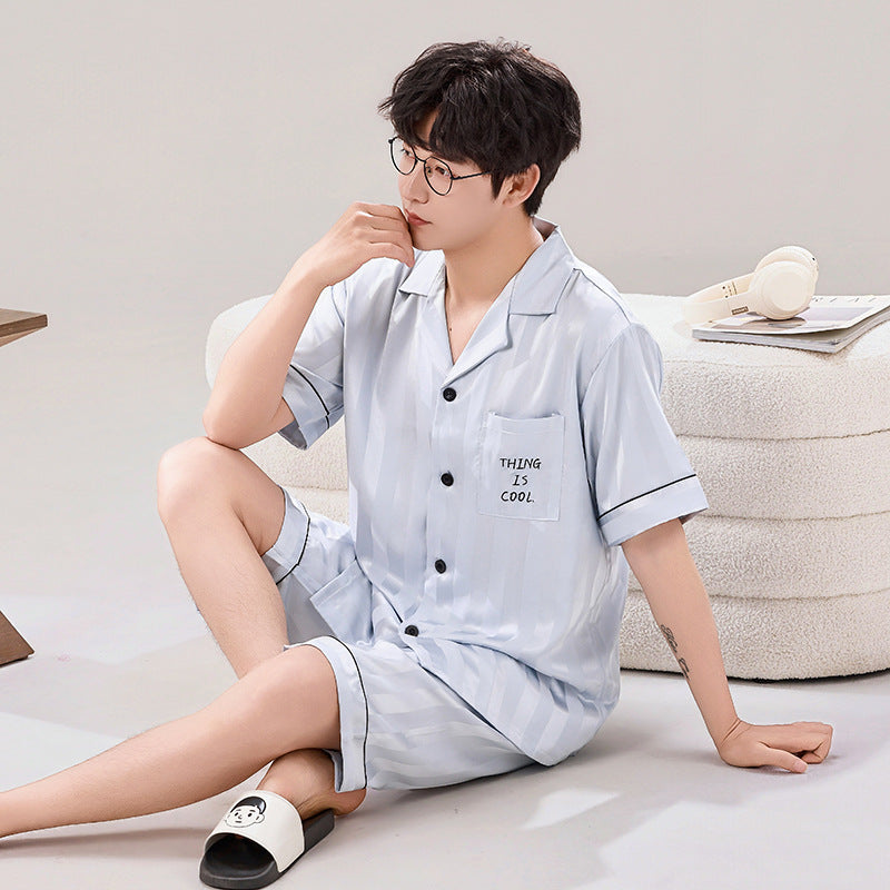 Premium Striped Ice Silk Couple's Cardigan Loungewear Set