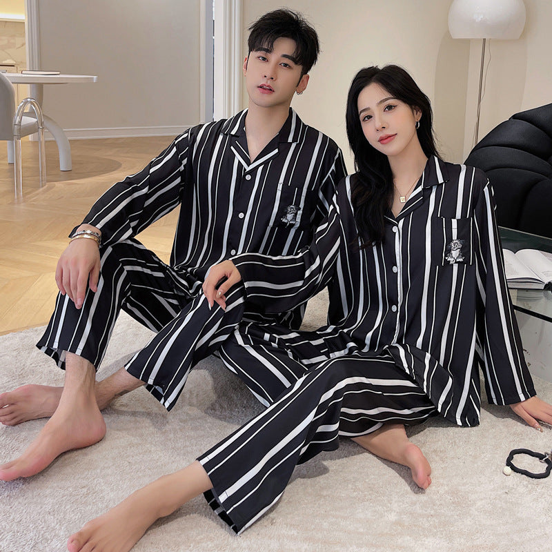 Premium Striped Print Ice Silk Couple's Long-Sleeve Loungewear Set