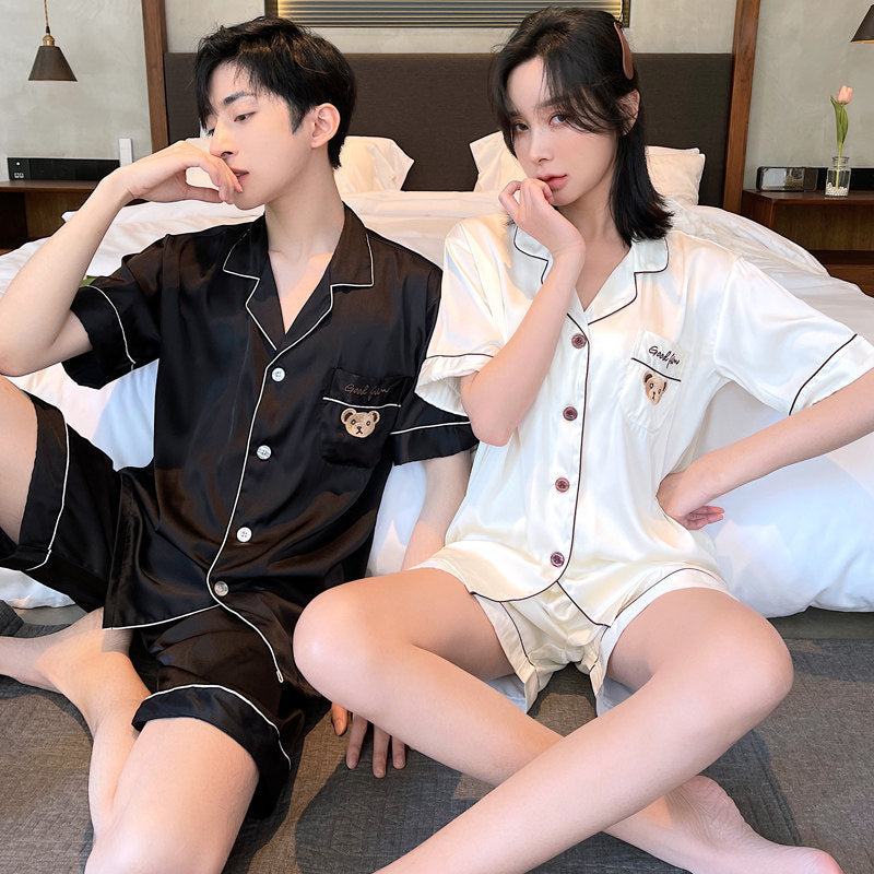 Premium Printed Ice Silk Couple's Short-Sleeve Cardigan Loungewear Set