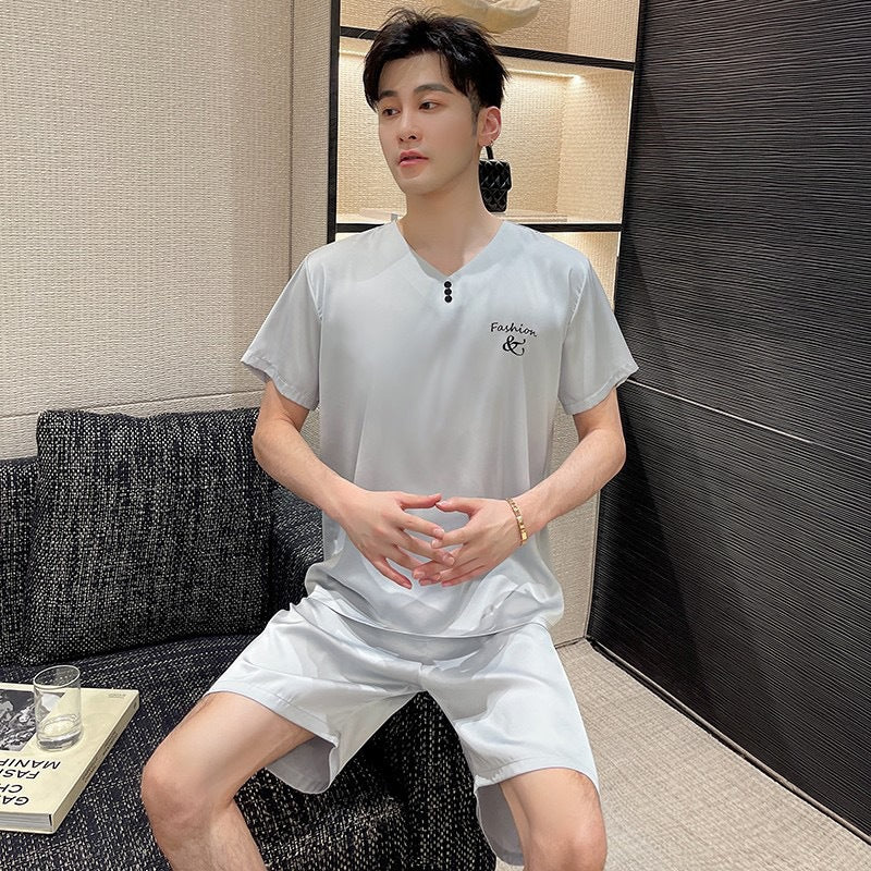 Premium Men's Solid Color Ice Silk Short-Sleeve Loungewear Suit