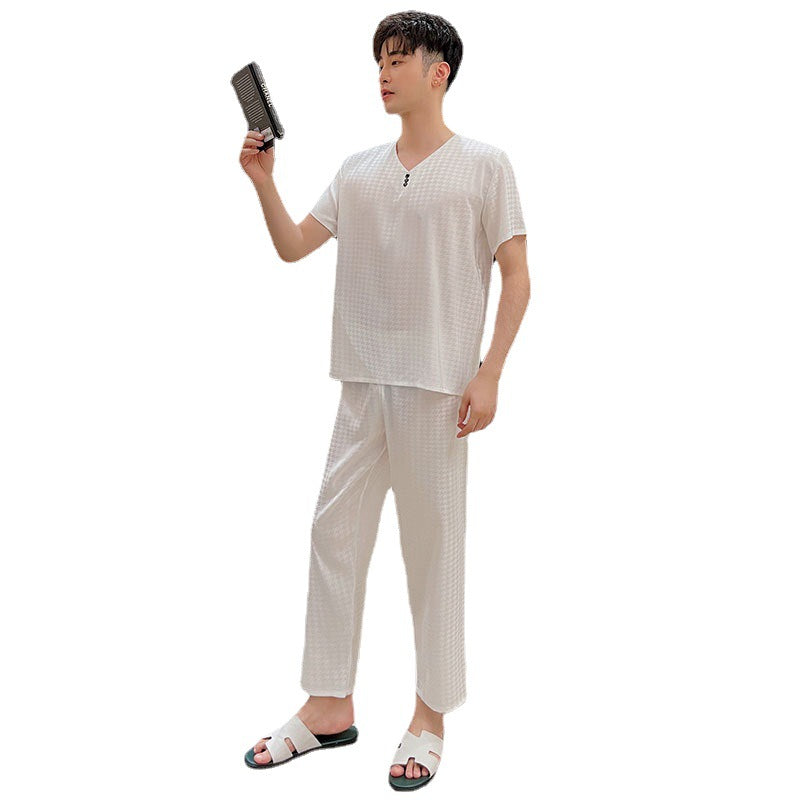 Premium Houndstooth Print Ice Silk Couple's Cardigan Loungewear Suit