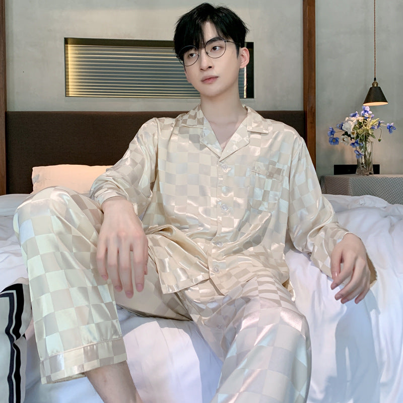 Men's Premium Plaid Ice Silk Long-Sleeve Loungewear Suit
