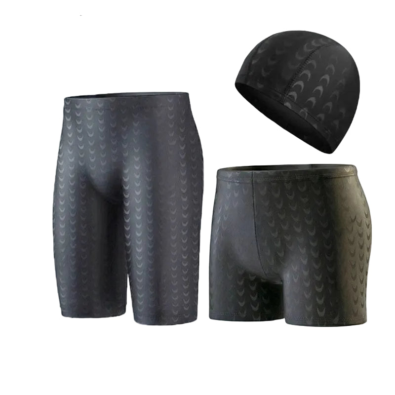 Men's Premium Imitation Shark Skin Five-Point Swim Trunks & Cap Set