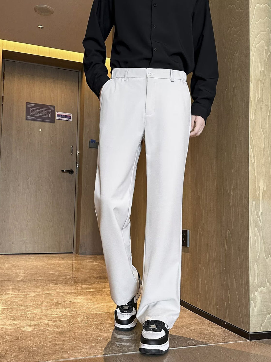 Men’s American Style White Casual Pants Straight-Leg Slight Flare Loose Fit Trousers