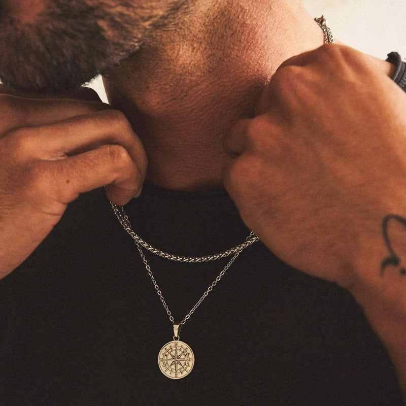 Men's Titanium Double Layer Compass Pendant Necklace