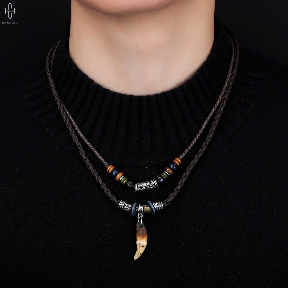 Men's Titanium Double Layer Wolf Tooth Pendant Necklace