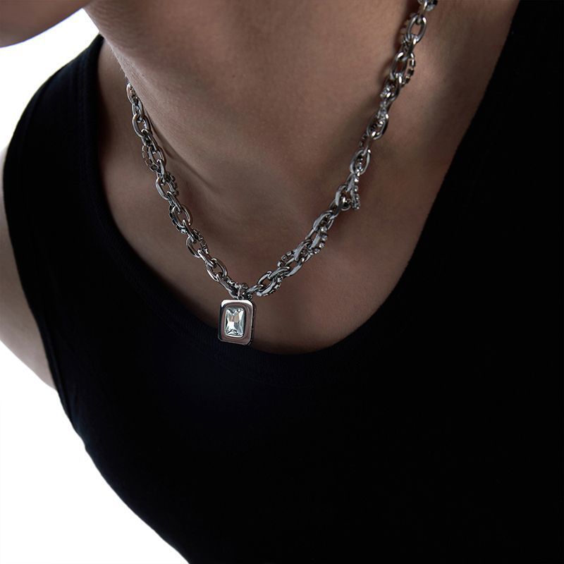 Men's Titanium Double Layer Square Zircon Necklace