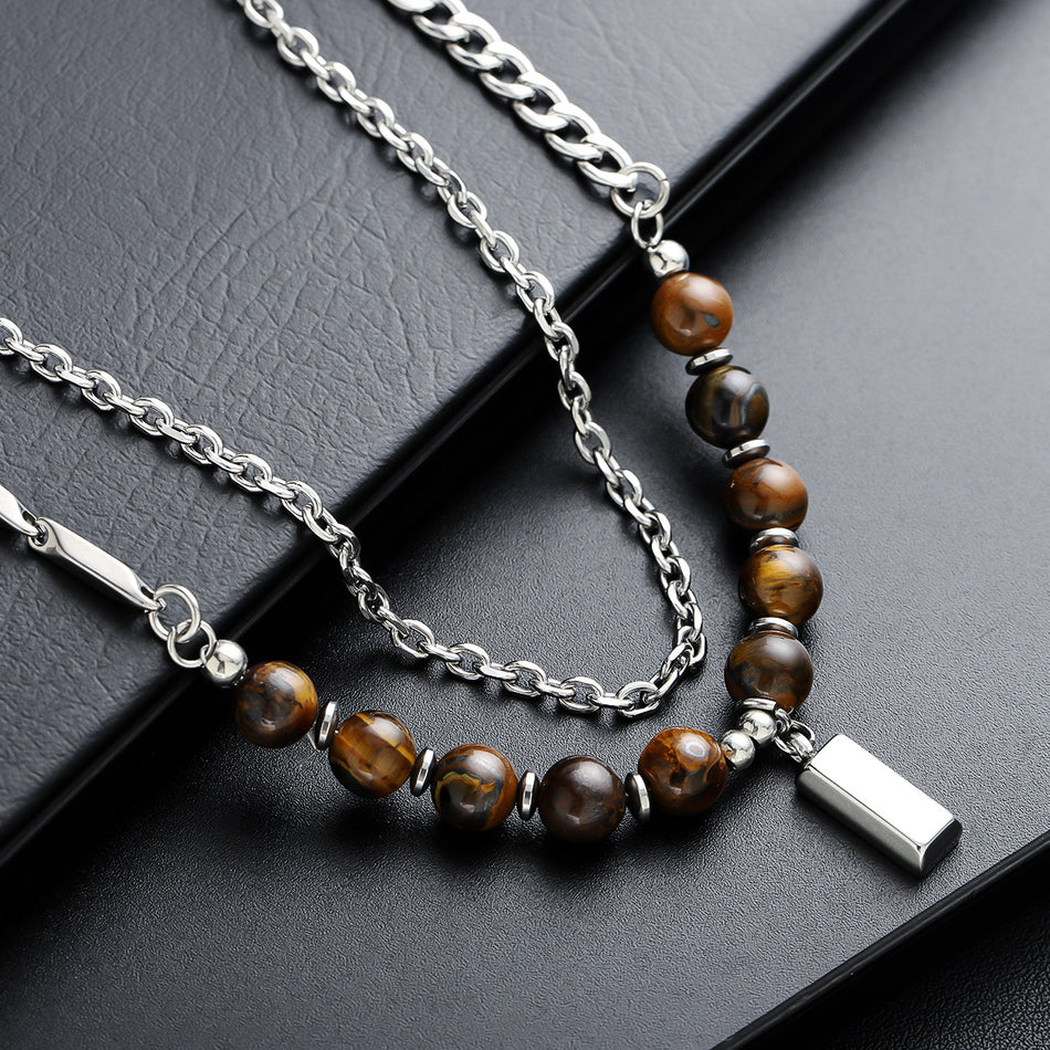 Men's Titanium Tiger's Eye Small Square Brick Pendant Necklace