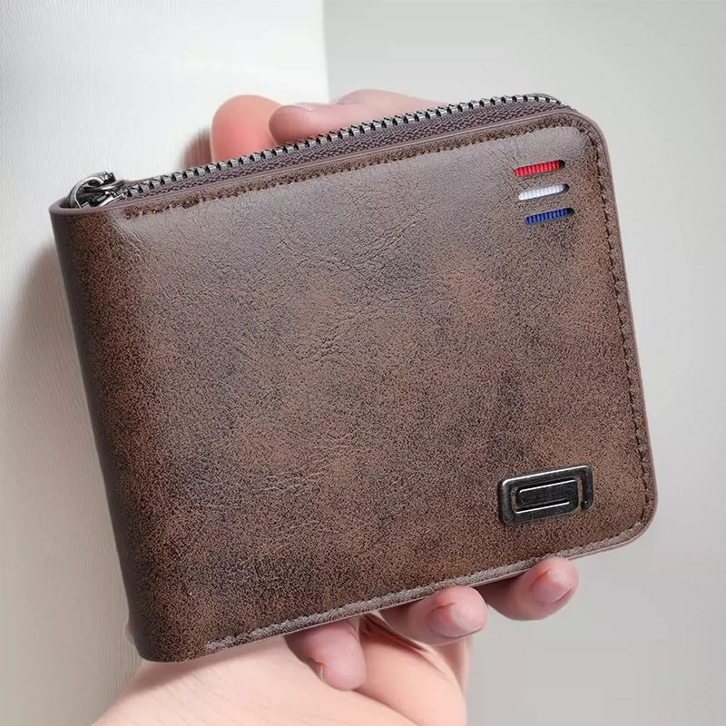 Men's Pure Color Short Tri-Fold Wallet & Student Zipper Coin Purse