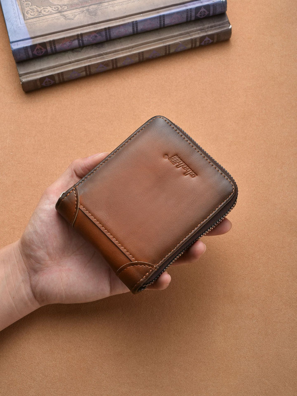 Men's Retro PU Leather Large-Capacity Short Zipper Wallet
