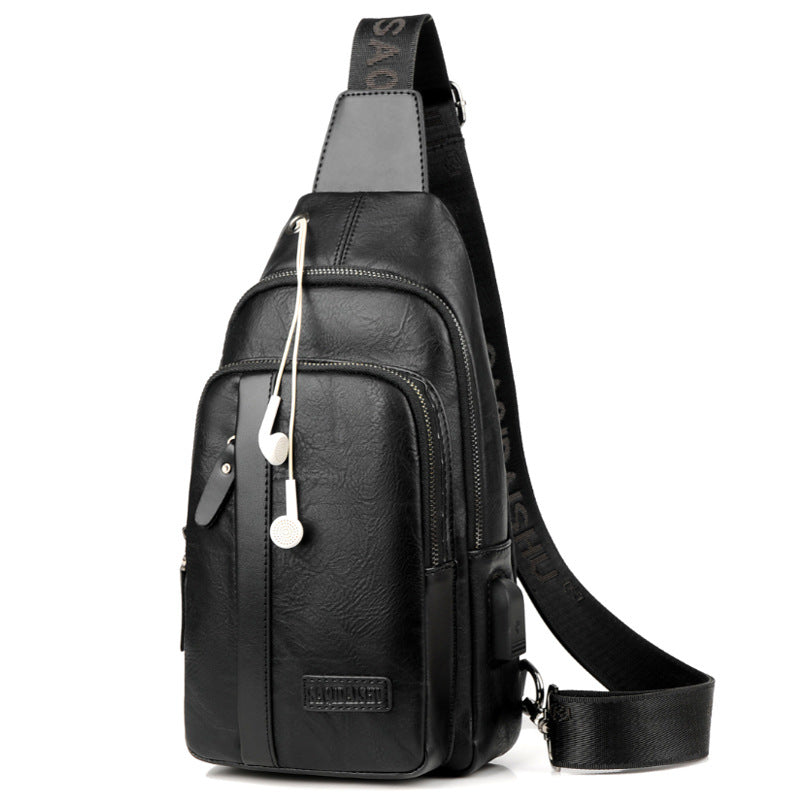 Men's Retro PU Leather Chest Bag with USB Crossbody Design