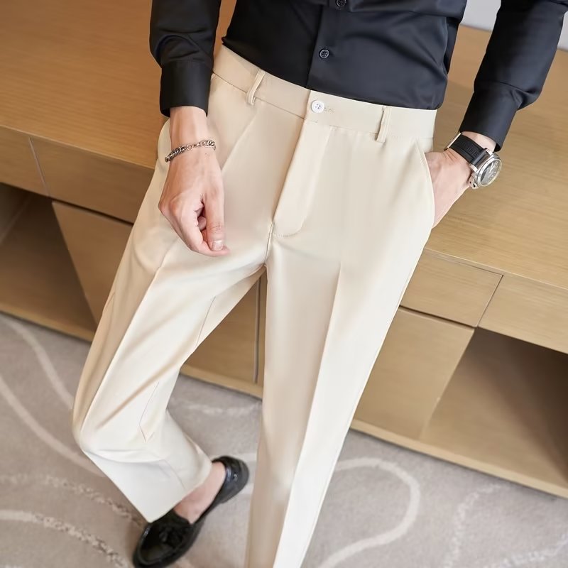 Men's Slim Fit Cropped Business Trousers with Stretch Comfort
