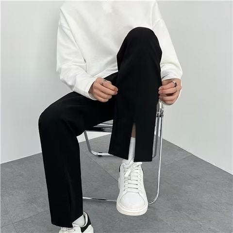 Men's Korean Style Loose Straight Wide Leg Slit Trousers