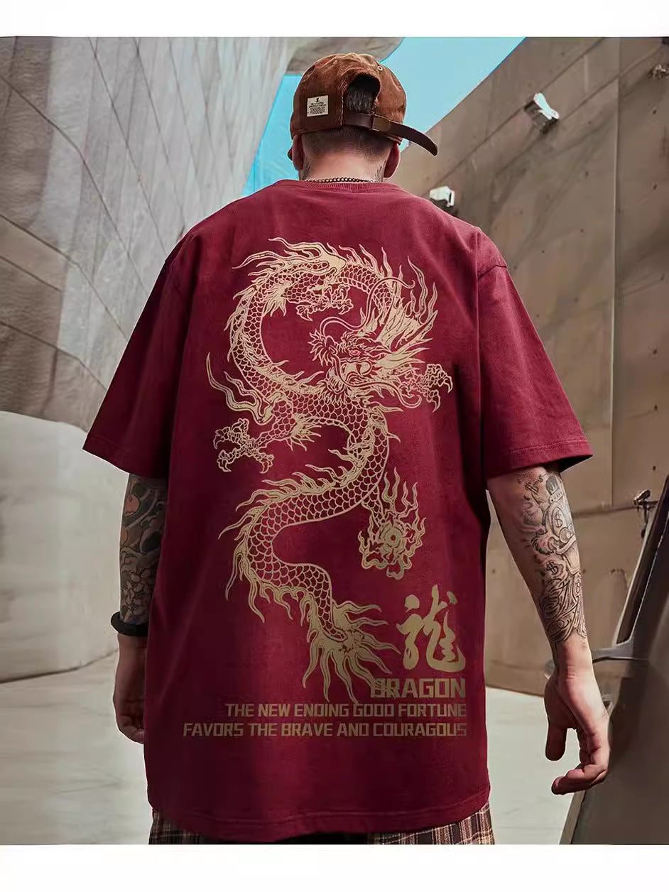 Men's Dragon-Inspired Red Short Sleeve Cotton T-Shirt