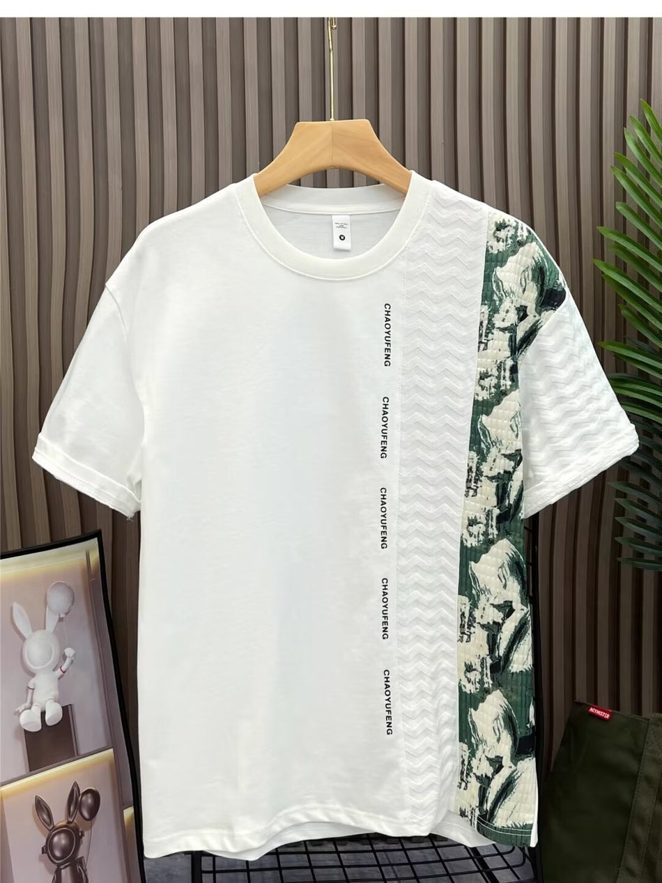 Men's Patchwork Printed Loose Fit Round Neck T-Shirt