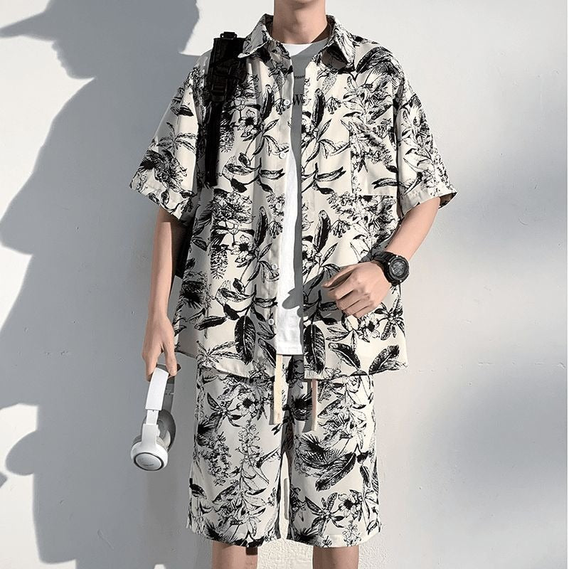 Men's Ice Silk Floral Shirt and Shorts Beach Two-Piece Set