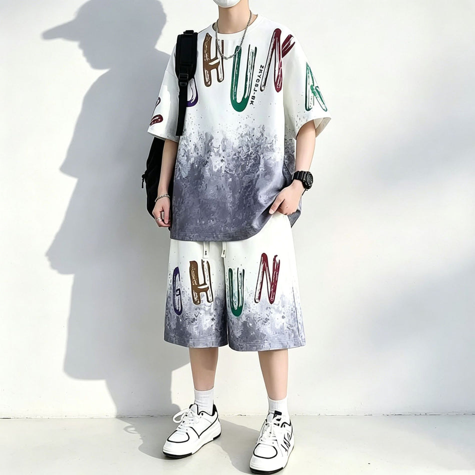Men's Ice Silk Gradient T-Shirt and Shorts Set