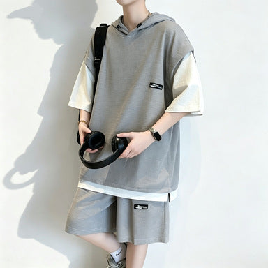 Men's Waffle Texture Faux Two-Piece Hooded T-Shirt Set