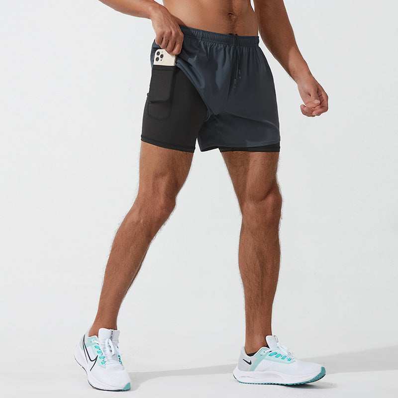 Men’s Double Layer Running Sports Shorts Marathon Beach Swim Trunks