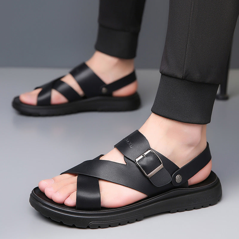 Men’s Leather Sandals Soft Bottom Breathable Extra Large Size Beach Shoes