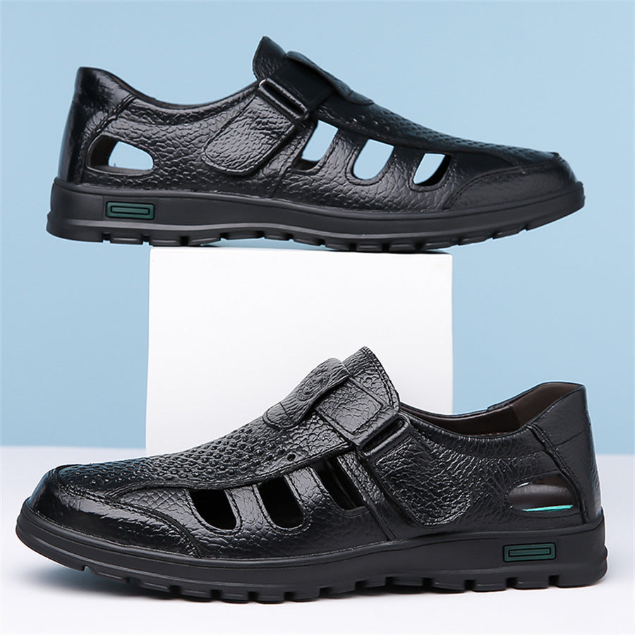 Men’s Hollow Leather Dad Sandals Soft Sole Casual Business Style Summer Sandals