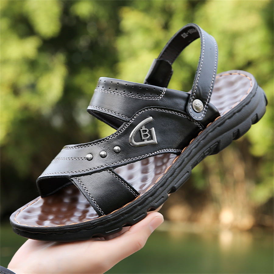 Men’s Genuine Leather Thick Sole Non Slip Beach Sandals Plus Size Summer