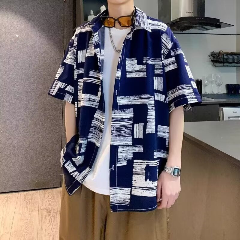 Men’s Ice Silk Floral Hawaiian Shirt Loose Fit Short Sleeve Beach Shirt