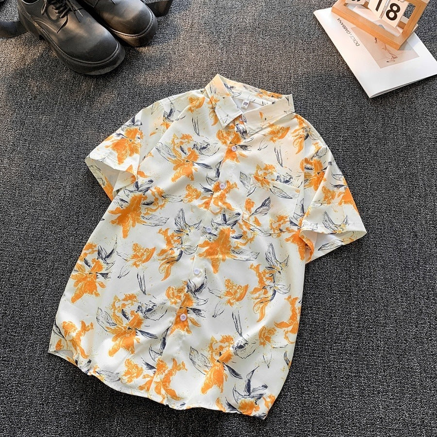 Unisex Retro Ink Floral Short Sleeve Shirt Hong Kong Style Loose Casual Top