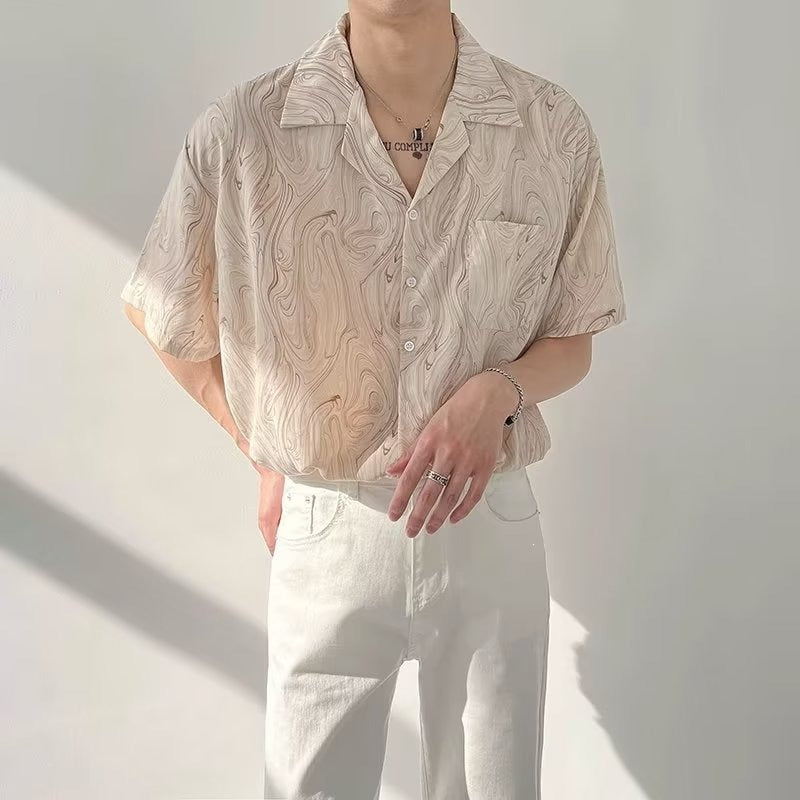 Men’s Ice Silk Vintage Wave Pattern Cuban Collar Shirt Loose Fit Summer Beach Top